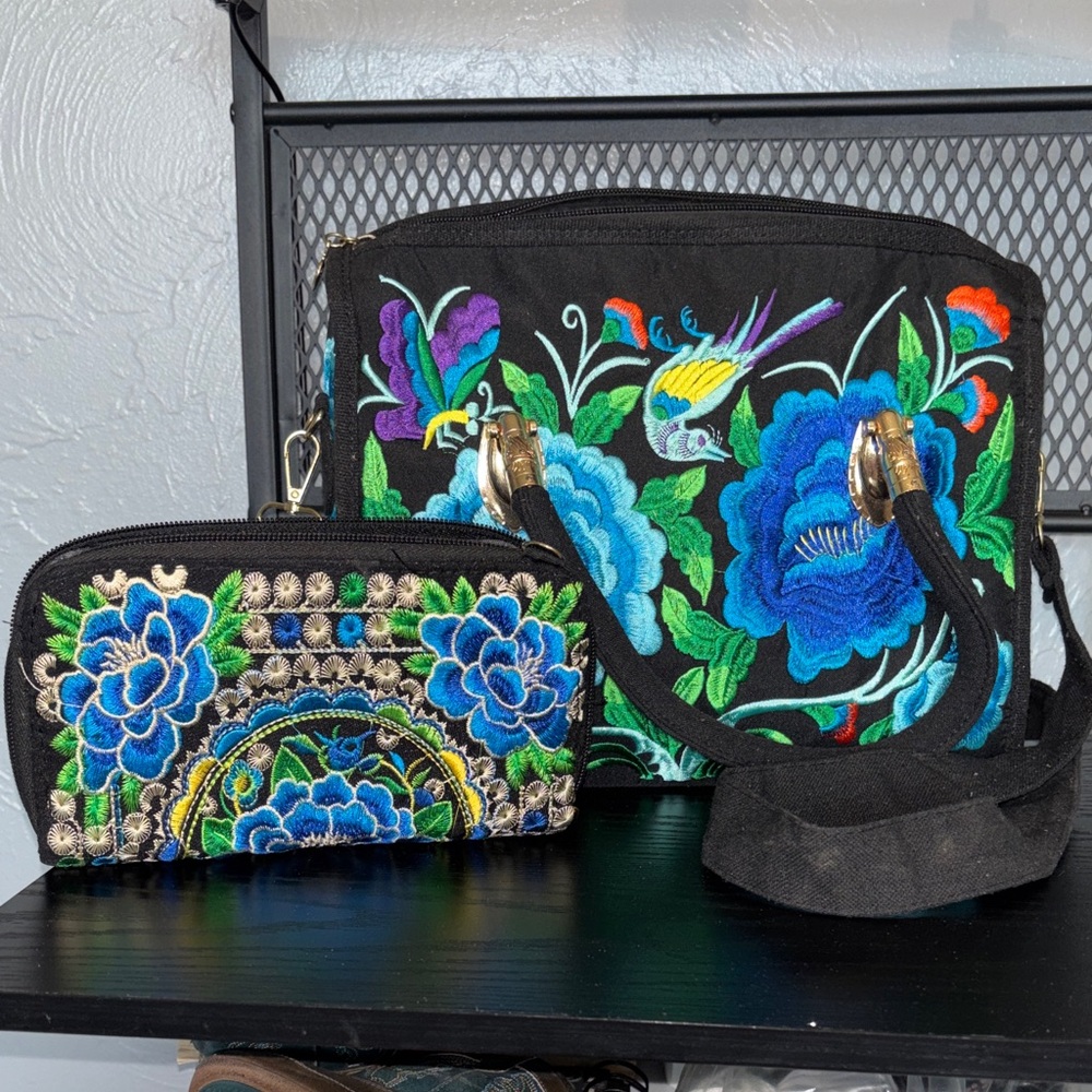 Embroidered Floral Black Handbag
